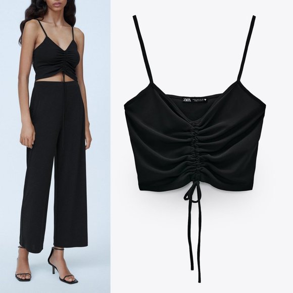NEW Zara Black Gathered Ruched V Neck Stretch Knit Cropped Cami Top Size Large L - Picture 8 of 8